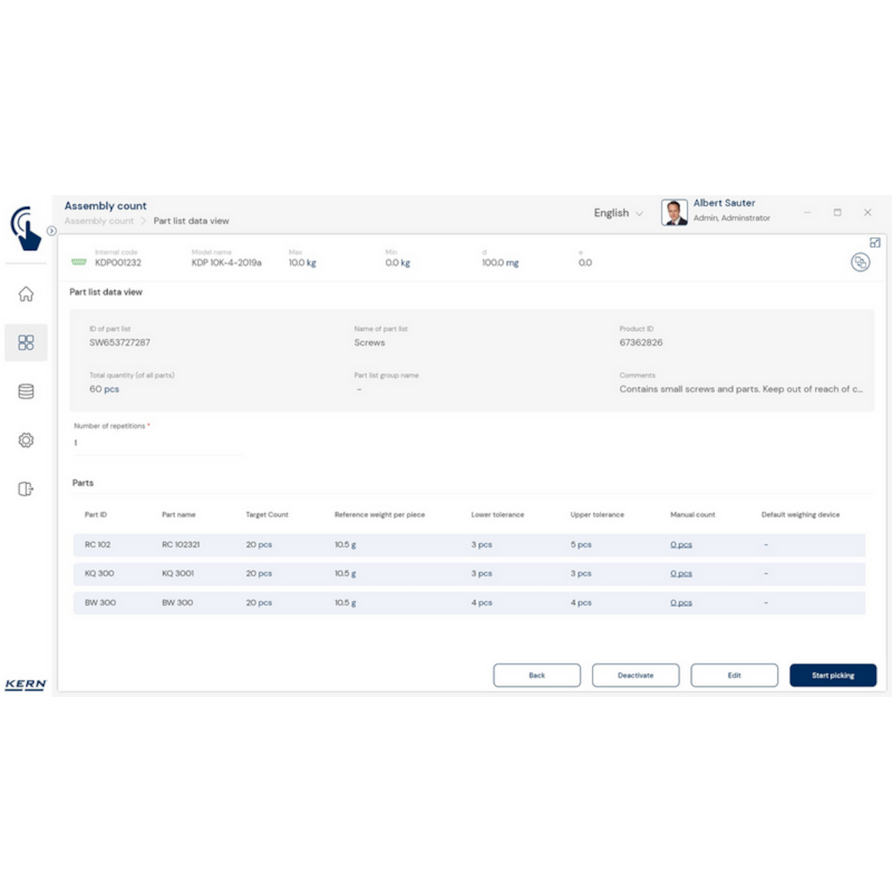 Software EasyTouch SET-35 Assembly Count