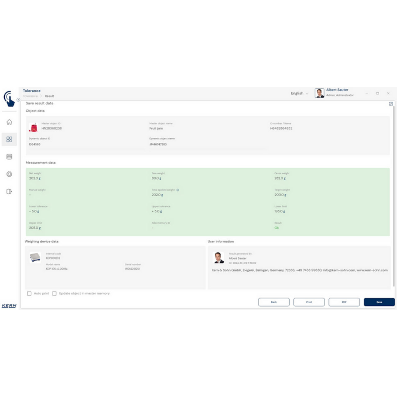 Software EasyTouch SET-31 Tolerance